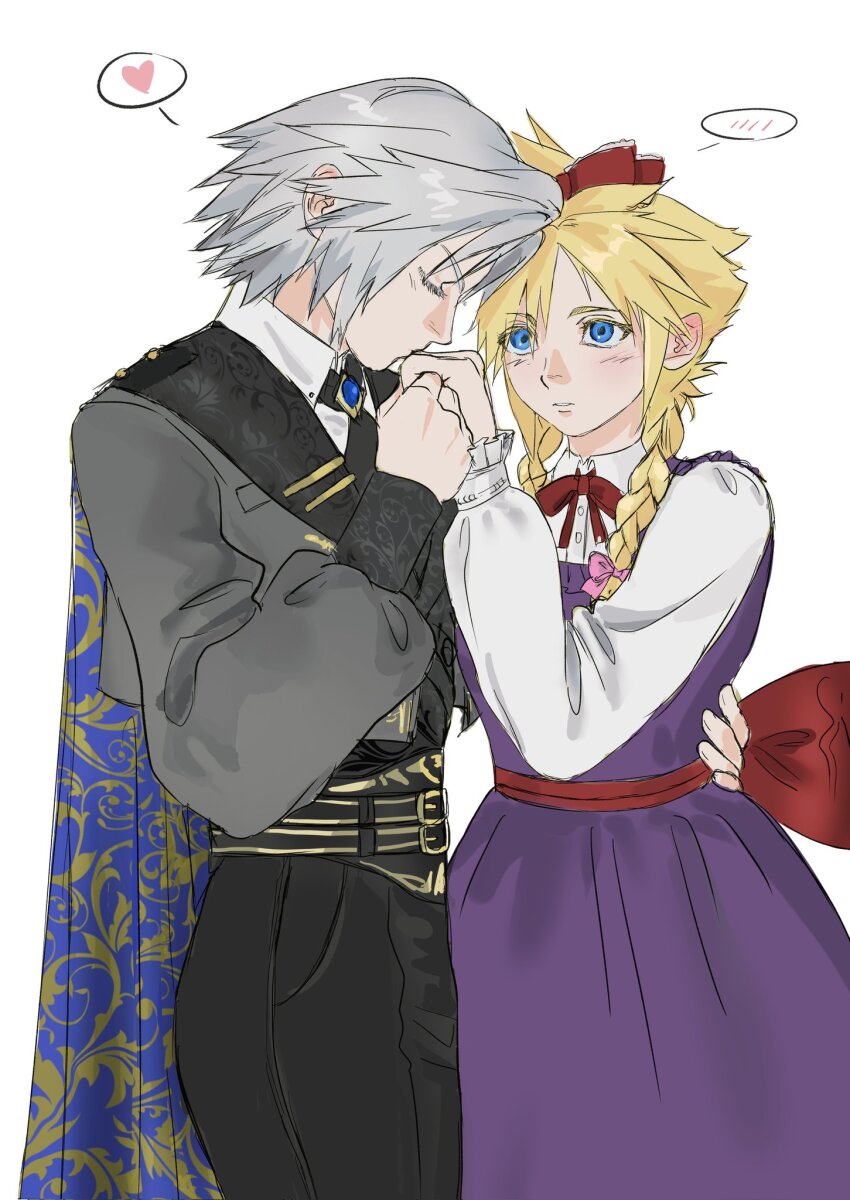 2boys adapted_costume alternate_costume ascot back_bow belt black_ascot black_pants blonde_hair blouse blue_cape blue_eyes blue_gemstone blush bow braid cape closed_eyes cloud_strife collared_shirt cropped_jacket crossdressing dress final_fantasy final_fantasy_vii final_fantasy_vii_ever_crisis floral_print frilled_sleeves frills gem grey_hair grey_jacket hair_bow hair_over_shoulder hand_on_another&#039;s_waist hand_up heart highres holding_hands jacket kiss kissing_hand long_hair long_sleeves male_focus momuzieyes multiple_belts multiple_boys neck_ribbon official_alternate_costume pants parted_lips puffy_long_sleeves puffy_sleeves purple_dress red_bow red_ribbon ribbon sephiroth sephiroth_(dark_attire) sephiroth_(ever_crisis) shirt short_hair simple_background spiked_hair spoken_heart twin_braids upper_body white_background white_shirt yaoi