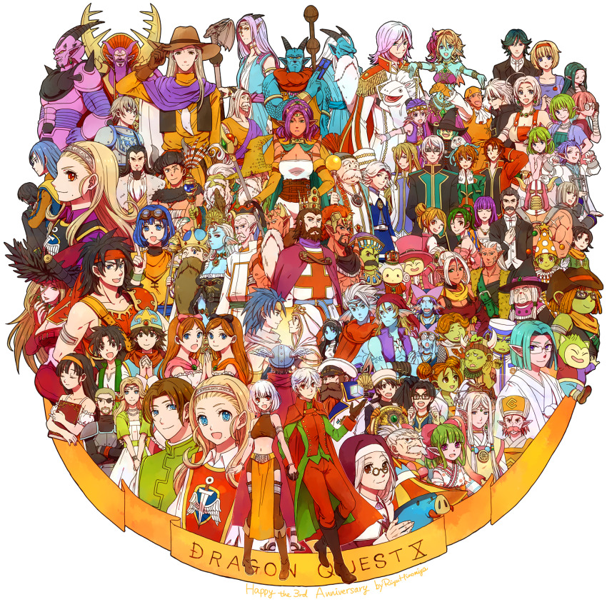 6+boys 6+girls airi_(dq10) alvin_(dq10) anlucea anlucea_the_maluminary anniversary aroldo_(dq10) blonde_hair brother_and_sister chili_(dq10) colored_skin commentary_request copyright_name curly_hair distan_(dq10) dragon_quest dragon_quest_x duura_(dq10) eidos_(dq10) estella_(dq10) everyone firo_(dq10) fish_boy fish_girl fuura_(dq10) galapagod gratzel_(dq10) hairband hero_(dq10) heroine_(dq10) highres hinomiya_riyu historica_(dq10) horro_(dq10) hyuuza_(dq10) isshou_(dq10) kamil_(dq10) kenja_buroggen king_bagudo kurouzu_(dq10) lasca_(dq10) leine_(dq10) looking_at_viewer looking_to_the_side maiyu_(dq10) miko_himea mirror_twins multiple_boys multiple_girls naburetto nun odisu_(dq10) open_mouth orange_hair patriarch_orstov prince_laguas queen_diore raul_(dq10) red_skin riin_(dq10) rizerotta_(dq10) rukoria_(dq10) seraphy_(dq10) seria_(dq10) siblings singh_(dq10) sisters smile touma_(dq10) twins white_background zankurone