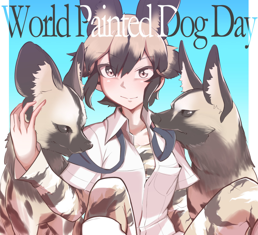 1girl african_wild_dog african_wild_dog_(kemono_friends) animal_ears animal_print black_hair blush bow bowtie breasts dog_ears gm_(ggommu) highres kemono_friends layered_sleeves long_sleeves looking_at_viewer medium_breasts multicolored_hair shirt short_hair short_over_long_sleeves short_sleeves smile solo undone_bowtie