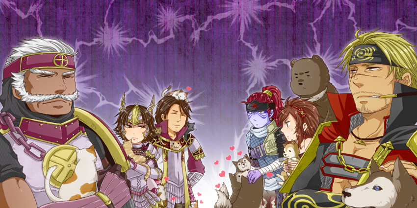 2girls 4boys animal animal_on_head batako_(artist) bear blonde_hair brown_eyes brown_hair cat cat_on_head chain crossed_arms dog dog_on_head closed_eyes facial_hair fuuma_kotarou hairband headband heart houjou_ujiyasu kaihime kiseru long_hair multiple_boys multiple_girls musical_note on_head smoking_pipe ponytail red_hair scar sengoku_musou sengoku_musou_3 shimazu_yoshihiro short_hair tachibana_ginchiyo tachibana_muneshige tachibana_muneshige_(sengoku_musou) white_hair yellow_eyes