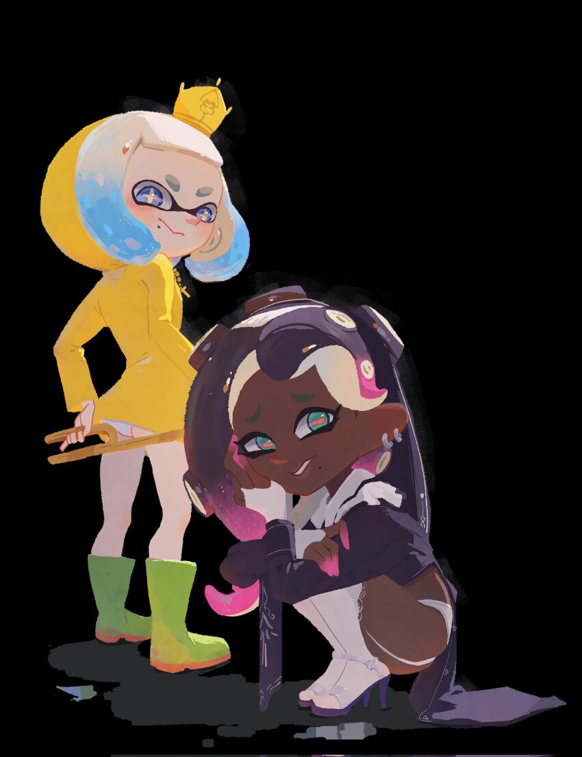 2girls black_background black_hair blue_hair boots cephalopod_eyes closed_mouth commentary_request cosplay crown dark-skinned_female dark_skin eyelashes furrowed_brow gradient_hair green_footwear high_heel_boots high_heels highres inkling jacket jubilee_2025 long_hair looking_at_viewer luce_(jubilee_2025) luce_(jubilee_2025)_(cosplay) marina_(splatoon) medium_hair mole mole_under_mouth multicolored_hair multiple_girls nintendo nun octoling panties pantyshot pearl_(splatoon) pink_hair raincoat red_pupils rubber_boots short_eyebrows simple_background smile splatoon_(series) star-shaped_pupils star_(symbol) symbol-shaped_pupils tentacle_hair thick_eyebrows two-tone_hair underwear white_footwear yellow_jacket yellow_pupils yellow_raincoat zhang_tian57284