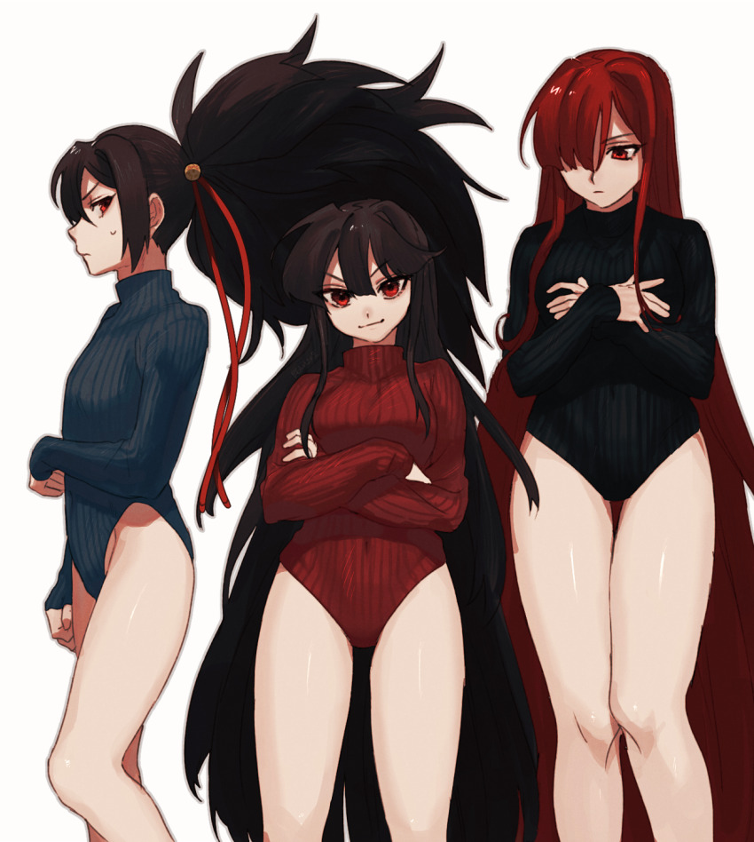 1boy 2girls bare_legs beam107 big_hair black_hair black_leotard blue_leotard bulge center-flap_bangs clenched_hand closed_mouth covered_navel crossed_arms fate_(series) feet_out_of_frame groin hair_between_eyes hair_over_one_eye hair_ribbon hands_on_own_chest hands_up heattech_leotard highleg highleg_leotard highres knee_up leotard long_hair long_sleeves looking_at_another looking_at_viewer multiple_girls oda_kippoushi_(fate) oda_nobunaga_(fate) oda_nobunaga_(koha-ace) oda_nobunaga_(maou_avenger)_(fate) one_eye_covered ponytail profile red_eyes red_hair red_leotard red_ribbon ribbed_leotard ribbon sidelocks simple_background single_hair_intake sleeves_past_wrists smirk sweatdrop turtleneck v-shaped_eyebrows very_long_hair white_background