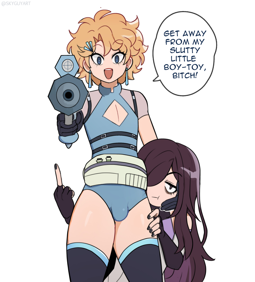2boys black_eyes black_hair blonde_hair blue_eyes bulge crossdressing curly_hair earrings fingerless_gloves gloves highres jewelry long_hair male_focus medium_hair middle_finger multiple_boys nail_polish original protecting roland_(ms_pigtails) sky_guy_art thighhighs trap weapon white_background