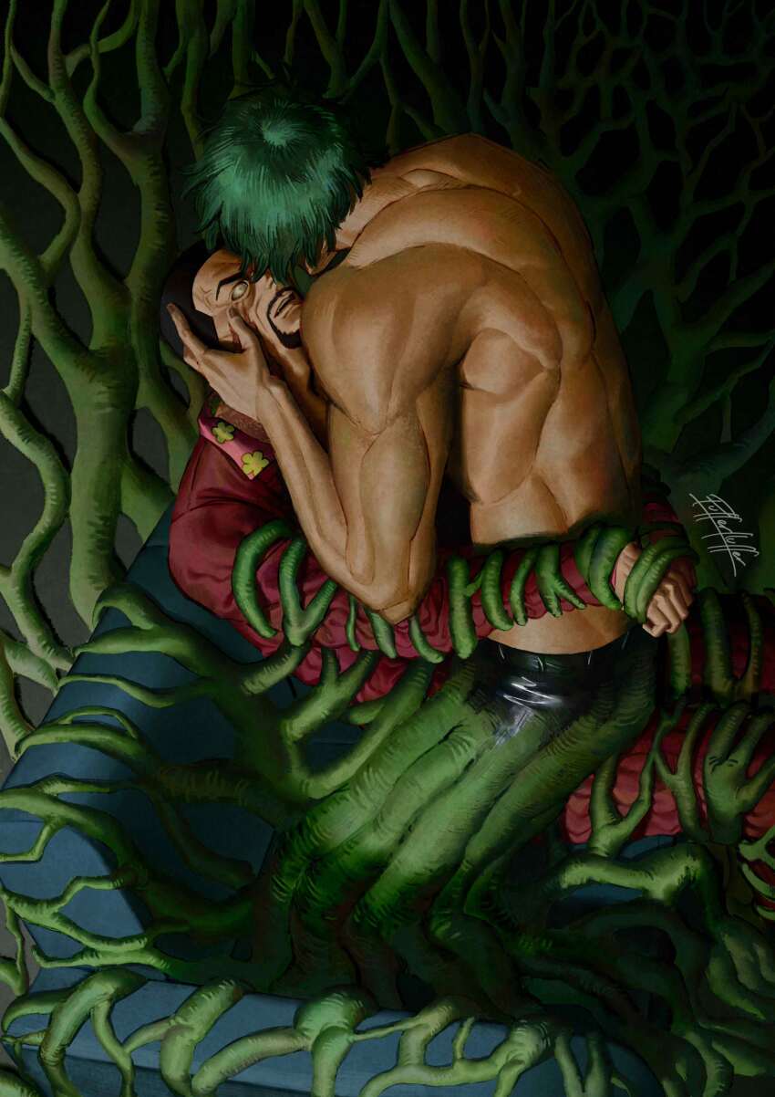 2boys absurdres alternate_costume bara bound bound_arms couch face-to-face florakinesis from_side full_body green_hair hair_over_eyes hands_on_another&#039;s_cheeks hands_on_another&#039;s_face highres male_focus mature_male monster_boy multiple_boys muscular muscular_male on_couch one_piece parted_lips plant_boy puffer_fluffer ryokugyu_(one_piece) sakazuki_(one_piece) short_hair thick_eyebrows topless_male veiny_face wide-eyed wrinkled_skin yaoi