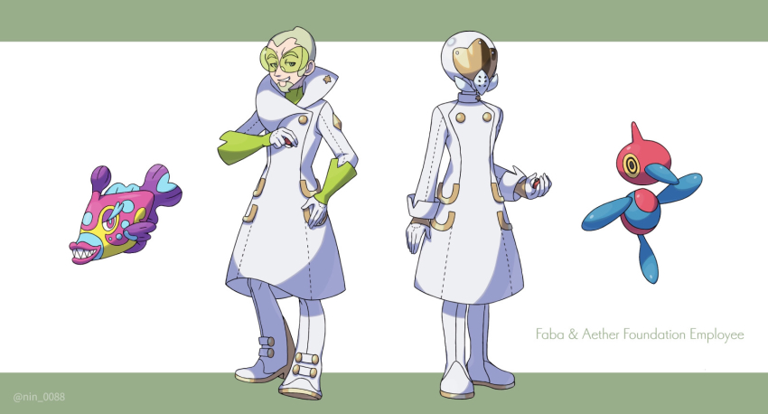 1boy 1other aether_foundation_employee boots bracer bruxish coat commentary_request faba_(pokemon) facial_hair full_body gen_4_pokemon gen_7_pokemon goatee green-tinted_eyewear green_hair green_shirt grin highres holding holding_poke_ball logo nin_(nin_0088) nintendo poke_ball poke_ball_(basic) pokemon pokemon_(creature) pokemon_sm porygon-z shirt short_hair smile standing sunglasses tinted_eyewear white_background white_coat white_footwear
