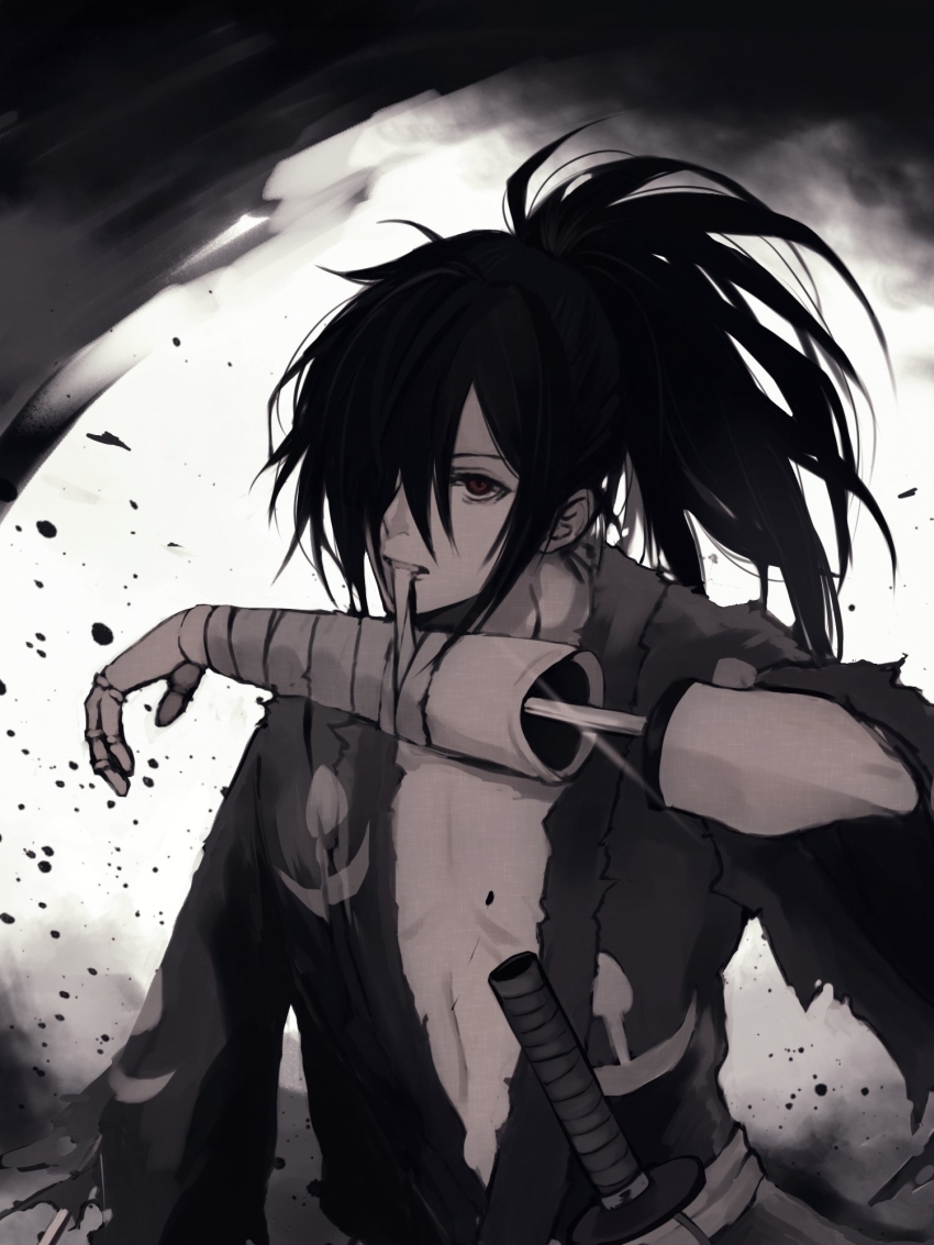 1boy bandaged_arm bandages commentary_request dororo_(tezuka) glint greyscale hair_over_one_eye highres hyakkimaru_(dororo) japanese_clothes katana long_hair looking_at_viewer male_focus monochrome mouth_hold ponytail prosthesis sepia solo sword torn_clothes upper_body weapon yumeniku
