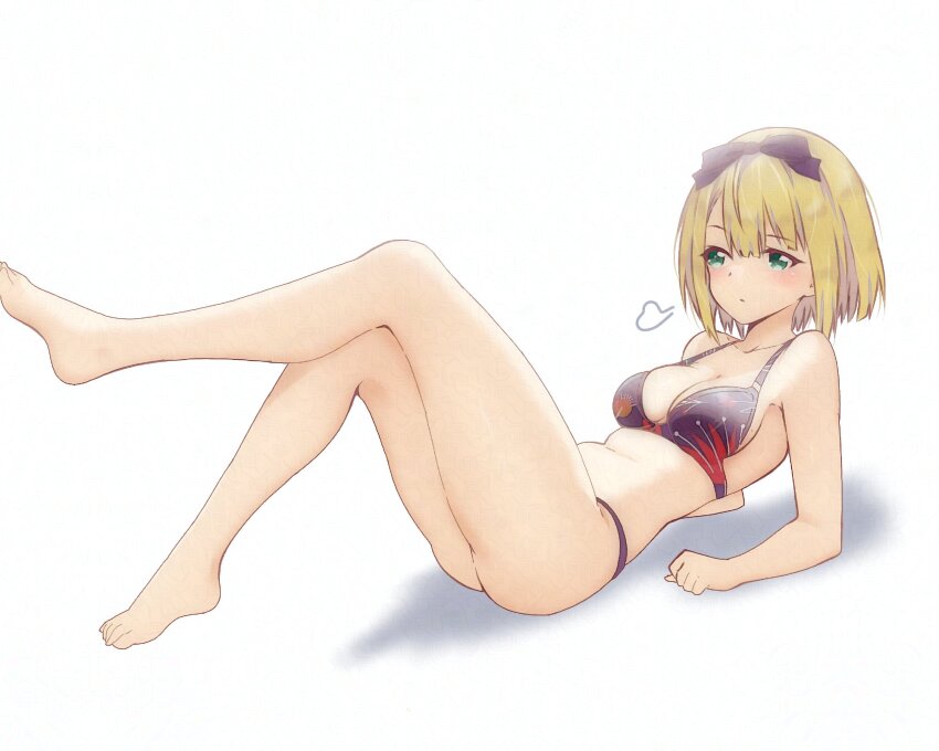 1girl 22/7 barefoot bikini bird black_bow black_hairband blonde_hair blush bow bow_hairband breasts cleavage green_eyes hair_bow hairband highres hitorilily lying print_bikini puff_of_air puffin saito_nicole short_hair simple_background solo swimsuit white_background
