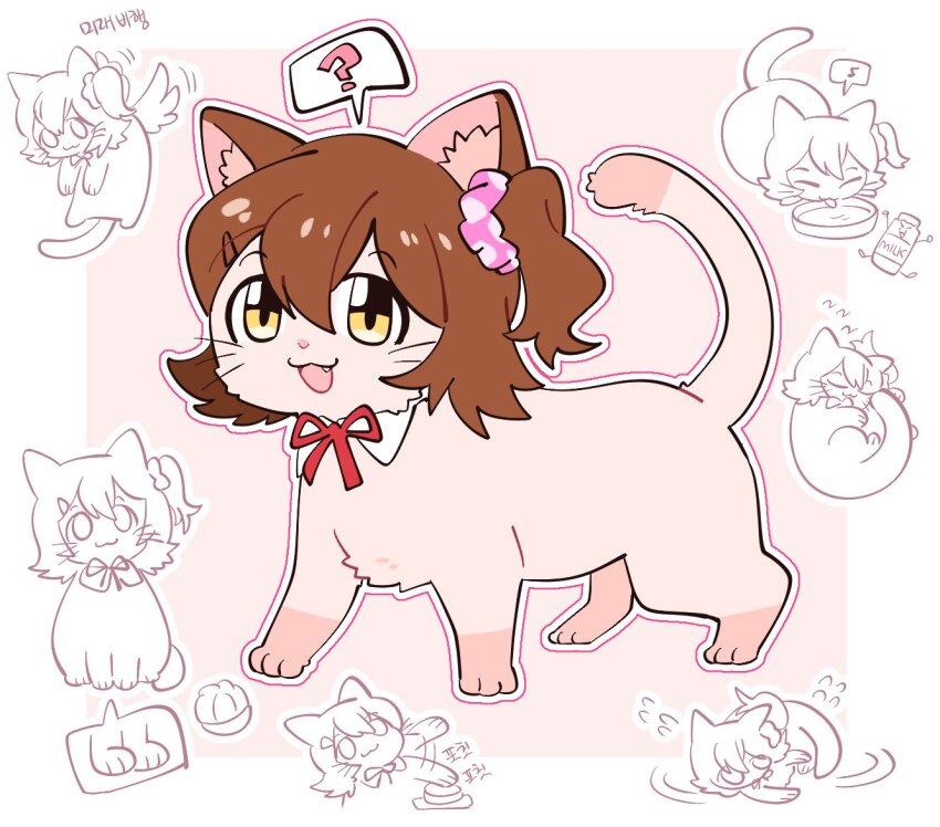 1girl :3 ? animal_ear_fluff animalization border brown_eyes brown_hair cat commentary_request fang full_body hair_ornament hairclip idolmaster idolmaster_million_live! kasuga_mirai korean_commentary looking_at_viewer millcookie_pro multiple_views no_humans one_side_up open_mouth pink_background pink_scrunchie scrunchie short_hair simple_background smile spoken_question_mark whiskers white_border