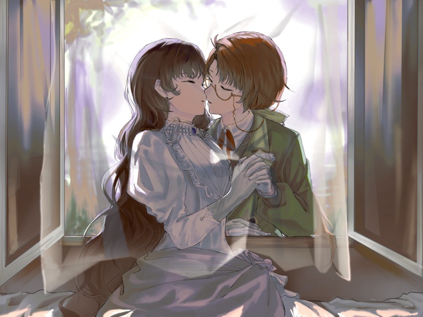 2girls absurdres black_hair bow brown_hair closed_eyes collared_shirt dress from_inside glasses gloves gown green_jacket hair_bow hand_on_window hand_up highres holding_hands imminent_kiss indoors isolde_(reverse:1999) jacket juliet_sleeves kakania_(reverse:1999) long_hair long_sleeves multiple_girls neck_ribbon open_window profile puffy_sleeves red_ribbon reverse:1999 ribbon round_eyewear shirt through_window upper_body white_dress white_gloves white_shirt window wowowoo yellow_bow yuri