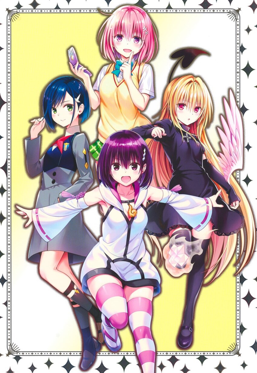 4girls :d ahoge ayakashi_triangle bird_wings black_cat_(series) black_dress blonde_hair blue_hair bob_cut bow bowtie cover cross darling_in_the_franxx demon_tail detached_sleeves dress dress_shirt dress_shoes eve_(black_cat) flower_hairpin full_body gradient_background green_eyes hair_ornament hairpin hand_in_pocket hands_up highres holding holding_phone hood hoodie ichigo_(darling_in_the_franxx) index_finger_raised kanade_suzu kneehighs leg_up long_hair mary_janes momo_velia_deviluke multiple_girls official_art okobo open_mouth origami parasite_dress_uniform_(darling_in_the_franxx) parted_lips phone pink_eyes pink_hair plaid_clothes plaid_skirt platform_sandals playing_with_own_hair purple_eyes purple_hair red_eyes sandals shikigami shirt shoes skirt sleeveless sleeveless_hoodie smile socks standing standing_on_one_leg star_(symbol) star_symbol_background sweater_vest tail thighhighs third-party_source to_love-ru to_love-ru_darkness very_long_hair wide_hips wings yabuki_kentarou