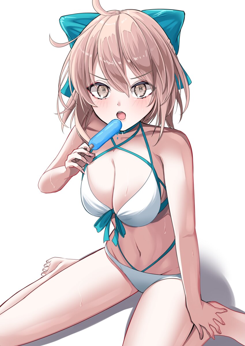 1girl absurdres ahoge aqua_bow bare_shoulders bikini blonde_hair blush bow breasts cleavage collarbone fate/grand_order fate_(series) food hair_bow half_updo highleg highleg_bikini highres large_breasts looking_at_viewer nigori_(keydoor) okita_j._souji_(fate) okita_j._souji_(third_ascension)_(fate) okita_souji_(fate) open_mouth popsicle short_hair solo swimsuit white_bikini yellow_eyes