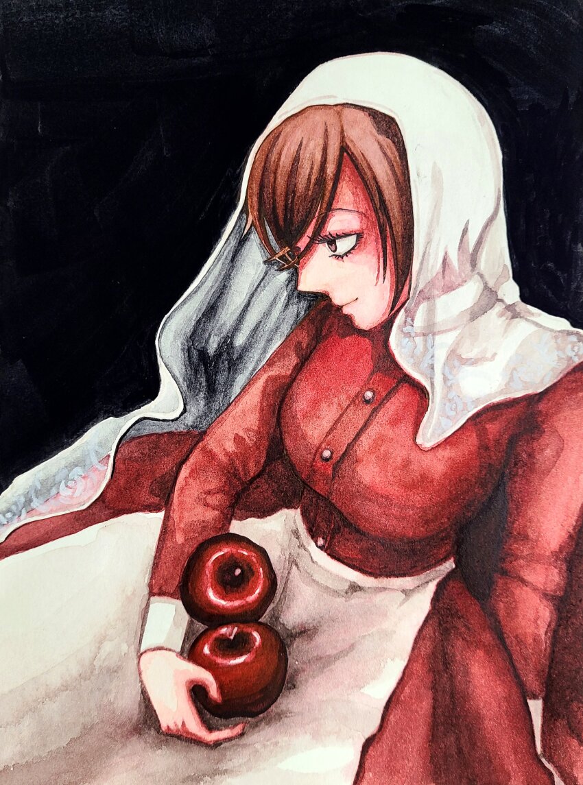 1girl absurdres apple apron black_background brown_eyes brown_hair dress evillious_nendaiki food fruit gouache_(medium) half-closed_eyes highres holding holding_food holding_fruit long_sleeves majo_salmhofer_no_toubou_(vocaloid) meiko_(vocaloid) meta28050 meta_salmhofer moonlit_bear_(vocaloid) painting_(medium) red_dress smile solo traditional_media veil vocaloid waist_apron watercolor_(medium) white_apron white_veil