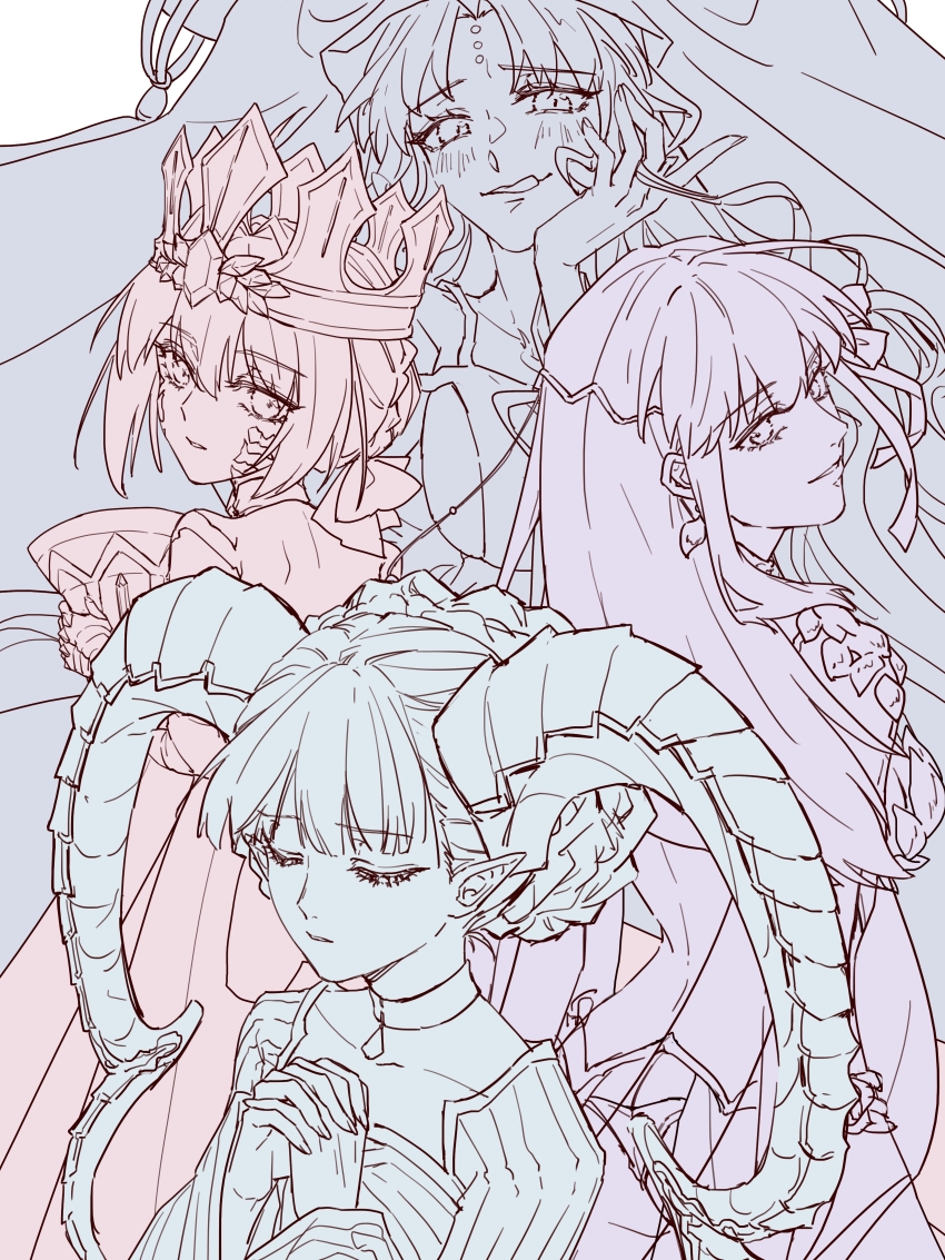 4girls absurdres blush breasts chalice crown cup dragon_girl dragon_horns dress fate/grand_order fate_(series) hair_bun highres horns kama_(fate) kama_(third_ascension)_(fate) large_breasts larva_tiamat_(fate) larva_tiamat_(first_ascension)_(fate) long_hair looking_at_viewer multiple_girls nero_claudius_(fate) pointy_ears queen_draco_(fate) queen_draco_(first_ascension)_(fate) sessyoin_kiara sessyoin_kiara_(heaven&#039;s_hole) sessyoin_kiara_(third_ascension) tiamat_(fate) tongue tongue_out yanyiguiqubuzhilu