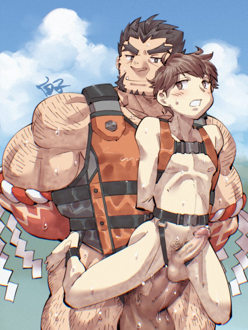 abs anal bara blush chest_harness colored_skin cowboy_shot erection facial_hair forked_eyebrows girthy_penis hachimaki harness headband highres huge_penis large_pectorals looking_at_viewer male_focus male_swimwear mature_male muscular muscular_male mutton_chops nejiri_hachimaki nipples official_alternate_costume pectorals penis precum protagonist_4_(housamo) red_skin reverse_suspended_congress sanpaku sex sex_from_behind shirako_(kirupi) short_hair size_difference skinny smirk sweat tajikarao_(housamo) thick_eyebrows tokyo_houkago_summoners torogao tusks very_hairy yaoi