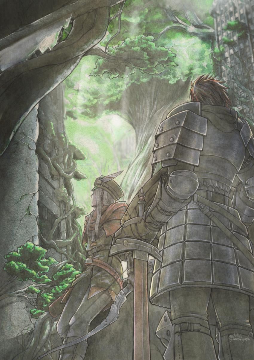2019 2boys armor bow_(weapon) bracer cloak etrian_odyssey faulds gauntlets hat_feather highres holding holding_bow_(weapon) holding_sword holding_weapon long_hair looking_up multiple_boys outdoors paladin_(sekaiju) paladin_3_(sekaiju) pauldrons plant_roots quiver ranger_(sekaiju) ranger_1_(sekaiju) red_cloak renosoma sekaiju_no_meikyuu sekaiju_no_meikyuu_2 shin_guards short_hair shoulder_armor signature sword tree tunic weapon