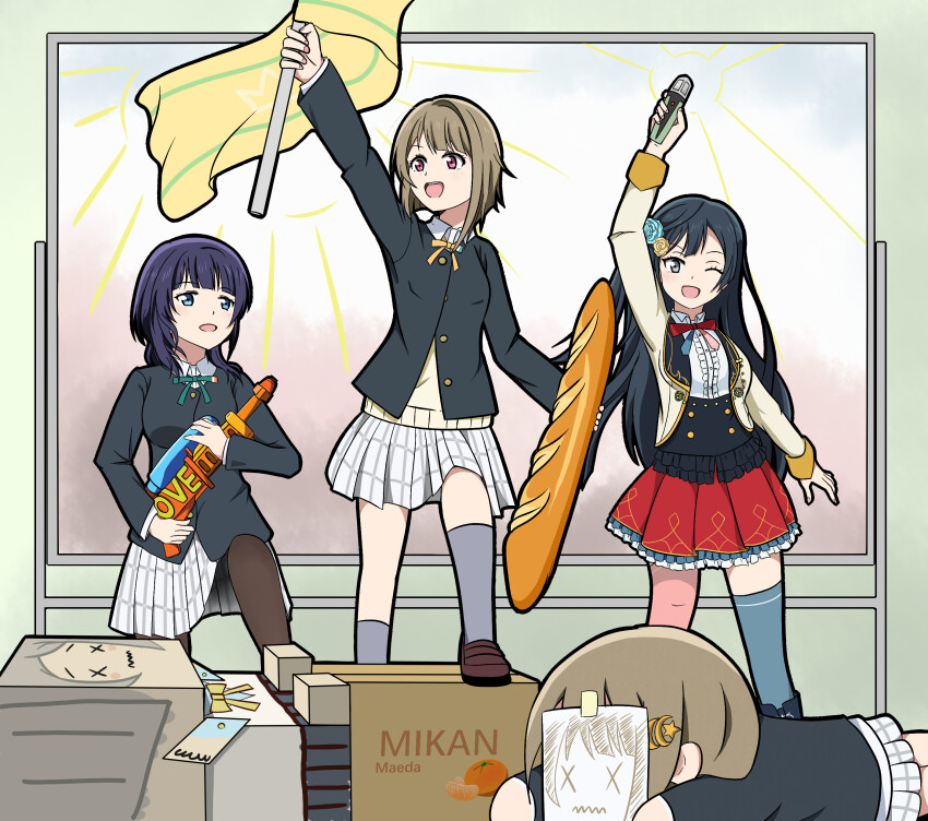 3girls absurdres arm_up asaka_karin asdasun baguette black_hair black_jacket black_pantyhose blazer blue_eyes blue_hair box bread brown_footwear cardboard_box character_doll collared_shirt doll fine_art_parody flag food green_ribbon grey_eyes grey_hair grey_socks highres holding holding_flag holding_food holding_microphone holding_water_gun jacket liberty_leading_the_people loafers long_hair long_sleeves love_live! love_live!_nijigasaki_high_school_idol_club microphone multiple_girls nakasu_kasumi neck_ribbon nijigasaki_school_uniform one_eye_closed open_clothes open_jacket open_mouth pantyhose parody pleated_skirt red_eyes ribbon school_uniform shirt shoes short_hair skirt socks upper_body water_gun white_shirt white_skirt winter_uniform yellow_ribbon yuki_setsuna yuki_setsuna_(afterschool_school_idol) yuki_setsuna_(love_live!)