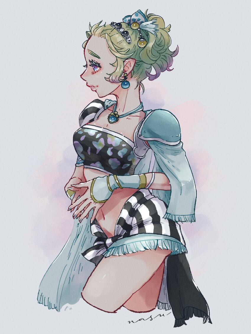 1girl armor blonde_hair blue_eyes blue_gemstone breasts cowboy_shot cropped_legs dissidia_012_final_fantasy dissidia_final_fantasy eakanasu earrings final_fantasy final_fantasy_vi gem grey_background hair_bobbles hair_ornament hair_ribbon highres jewelry medium_breasts midriff official_alternate_costume own_hands_together pointy_ears ponytail ribbon shoulder_armor skirt solo strapless striped_clothes striped_skirt tina_branford tube_top