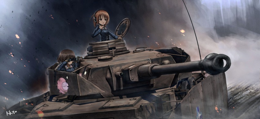 2girls absurdres akiyama_yukari anglerfish artist_name binoculars black_gloves blue_jacket brown_eyes brown_hair chinese_commentary closed_mouth commentary commentary_request day embers emblem english_commentary explosion fish girls_und_panzer gloves hand_on_own_neck headphones highres holding holding_binoculars jacket kk90 long_sleeves military_uniform military_vehicle mixed-language_commentary motor_vehicle multiple_girls nishizumi_miho ooarai_(emblem) ooarai_military_uniform open_mouth outdoors panzer_iv revision short_hair signature smoke tank throat_microphone undershirt