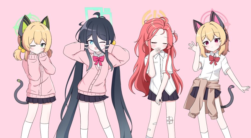 4girls alternate_hairstyle animal_ear_headphones animal_ears aqua_halo black_hair black_skirt blonde_hair blue_archive blue_eyes bow bowtie cardigan cardigan_around_waist cat_ear_headphones cat_tail clothes_around_waist commentary cowboy_shot fake_animal_ears game_development_department_(blue_archive) gauze_on_knee green_eyes halo headphones highres iisa111111 long_hair long_sleeves looking_at_viewer low_twintails miniskirt multiple_girls one_eye_closed parody pink_background pink_cardigan pink_eyes pink_halo pleated_skirt rectangular_halo red_bow red_bowtie red_hair school_uniform shirt short_hair side-by-side simple_background skirt smile socks tail twintails very_long_hair white_shirt white_socks yellow_halo zako_(vocaloid)