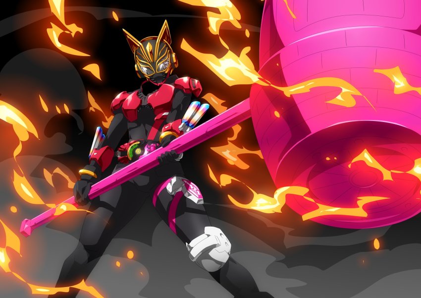1girl animal_ears armor black_background black_bodysuit black_gloves blue_background bodysuit boost_buckle boost_hammer_form cat cat_ears desire_driver exhaust exhaust_pipe fire flaming_weapon gloves glowing glowing_weapon hammer hammer_buckle headphones highres holding holding_weapon kamen_rider kamen_rider_geats_(series) kamen_rider_na-go otokamu over_shoulder raise_hammer red_armor sledgehammer smoke weapon weapon_over_shoulder yellow_eyes