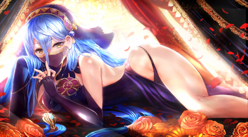 1girl arm_support azura_(fire_emblem) azura_(lady_of_ballads)_(fire_emblem) backless_dress backless_outfit backlighting blue_hair breasts commentary_request dress elbow_gloves eyelashes feet_out_of_frame fingerless_gloves fire_emblem fire_emblem_fates flower gloves hair_between_eyes head_rest highres large_breasts light_rays long_hair looking_at_viewer lying mouth_veil nintendo on_side petals purple_dress purple_gloves see-through_clothes shadow shiny_skin side_slit sidelocks solo strapless thighs tongari veil yellow_eyes