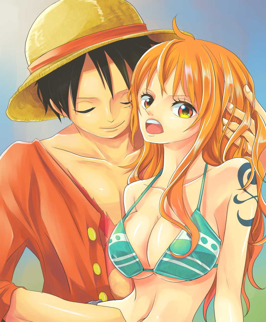1boy 1girl absurdres bikini bikini_top_only breasts cleavage hat highres himerinco large_breasts long_hair monkey_d._luffy nami_(one_piece) one_piece open_mouth orange_hair red_eyes sabaody_archipelago straw_hat swimsuit tattoo upper_body