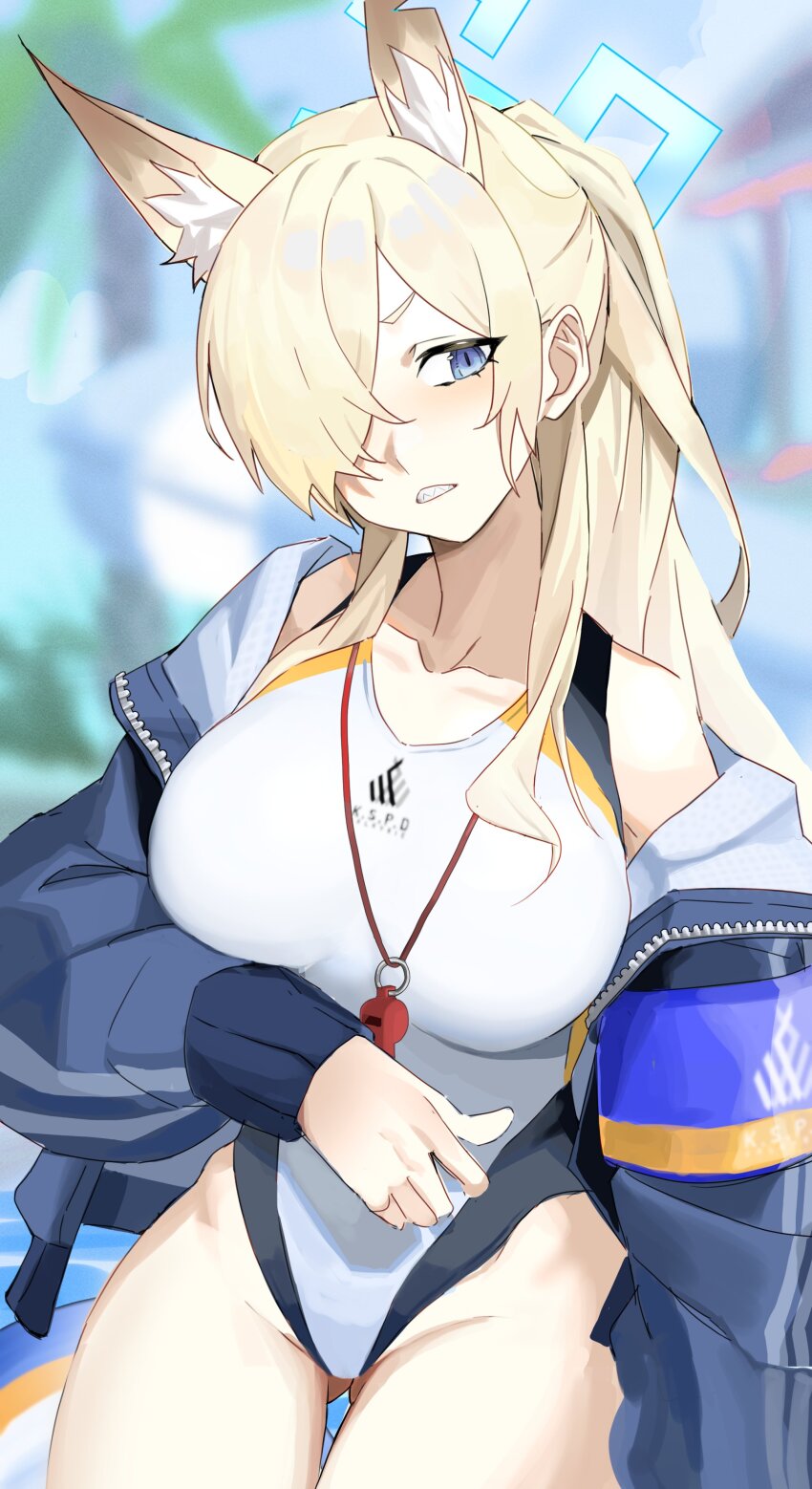 1girl absurdres animal_ears blonde_hair blue_archive blue_eyes blue_halo blue_jacket breasts clenched_teeth collarbone competition_swimsuit covered_navel cowboy_shot dog_ears extra_ears franz2543 gluteal_fold groin halo highres jacket kanna_(blue_archive) kanna_(swimsuit)_(blue_archive) large_breasts long_hair long_sleeves looking_at_viewer one-piece_swimsuit open_clothes open_jacket ponytail sharp_teeth solo swimsuit teeth whistle whistle_around_neck white_one-piece_swimsuit