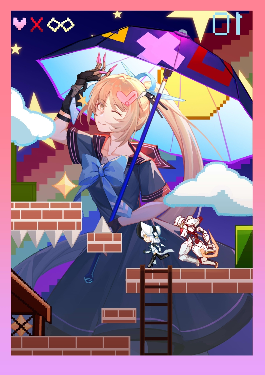 1other 2girls 8-bit absurdres arm_up blonde_hair blue_bow blue_bowtie blue_dress bonnet border bow bowtie chinese_commentary cloud collarbone commentary dress extra_arms gradient_border haicma:_starveil_(pgr) haicma_(pgr) haicma_(punishing:_gray_raven) hair_ornament headgear heart heart_hair_ornament highres holding holding_umbrella jiuniang_sanmixiang ladder mecha mechanical_hands multiple_girls nanami:_pulse_(pgr) nanami_(pgr) night night_sky official_alternate_costume one_eye_closed pink_border ponytail punishing:_gray_raven purple_umbrella rainbow robot running sailor_collar sailor_dress single_mechanical_hand sky smile spikes star_(symbol) symbol-shaped_pupils trailblazer_(pgr) umbrella white_dress white_hair x-shaped_pupils yellow_eyes