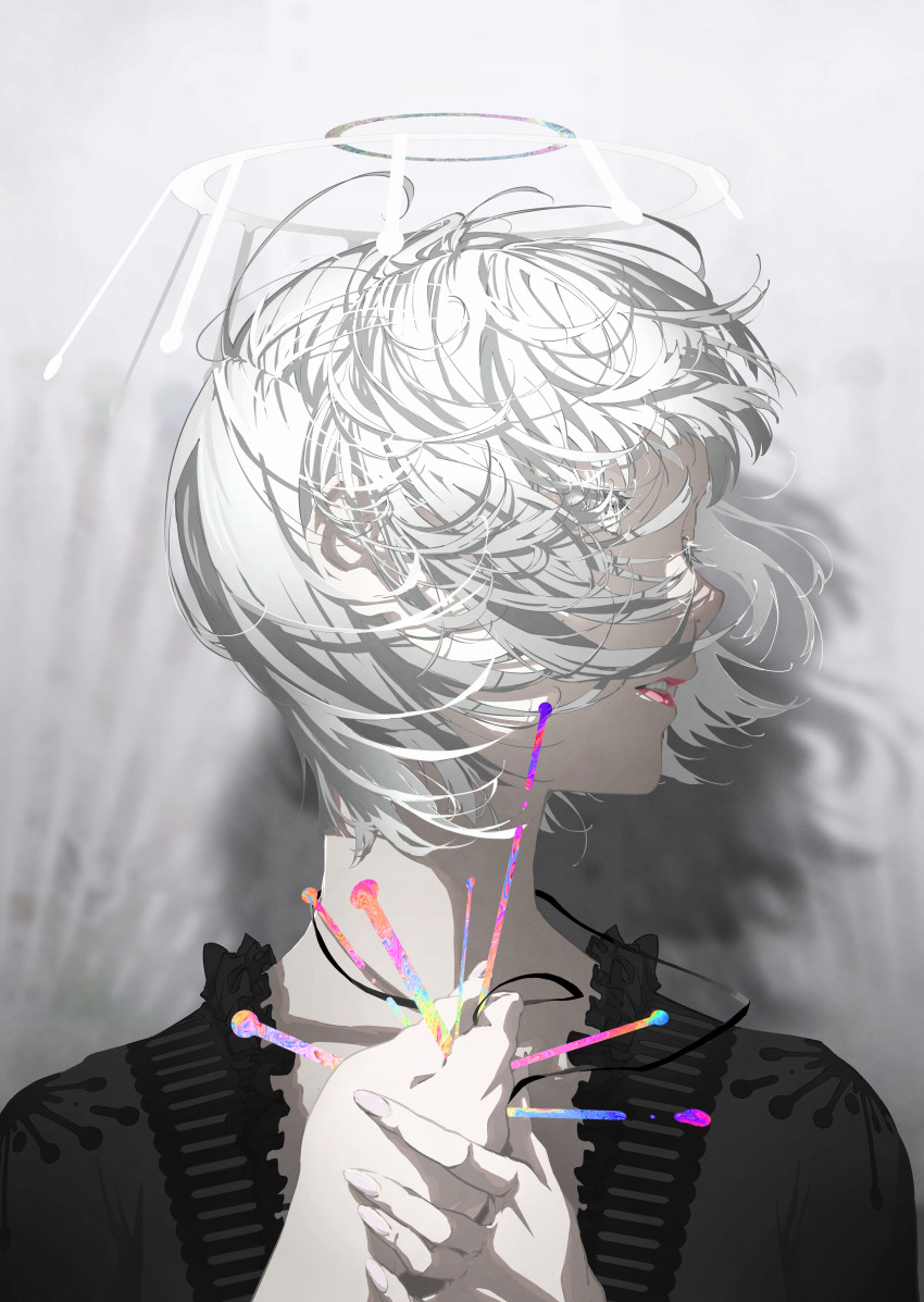 1girl absurdres black_shirt commentary grey_background grey_hair halo highres looking_to_the_side nico-tine original pink_lips shadow shirt short_hair solo upper_body