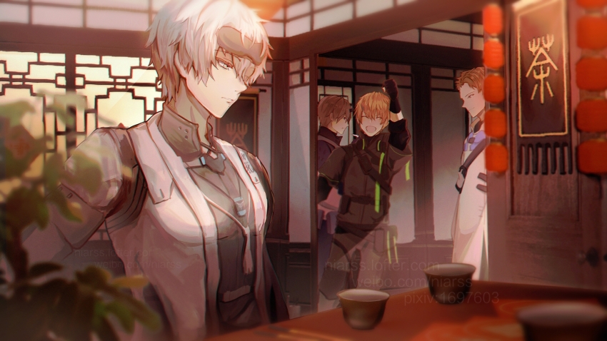 4boys architecture arm_up bandolier belt black_gloves black_undershirt blonde_hair blurry blurry_foreground camu:_crocotta_(pgr) camu_(pgr) camu_(punishing:_gray_raven) cheering chinese_commentary chopsticks chrome:_arclight_(pgr) chrome_(pgr) closed_eyes commentary cup dog_tags east_asian_architecture fake_horns gloves grey_jumpsuit hair_between_eyes half-closed_eyes headphones headphones_around_neck highres horns indoors jacket jumpsuit kamui:_bastion_(pgr) kamui_(pgr) lantern light_frown lofter_username male_focus mole mole_under_mouth multiple_boys niarss paper_lantern partially_fingerless_gloves pixiv_id plant punishing:_gray_raven raised_fist robe short_hair single_horn sitting sleep_mask smile toned toned_male undershirt wanshi:_hypnos_(pgr) wanshi_(pgr) watermark weibo_watermark white_hair white_jacket white_robe wooden_door yellow_eyes