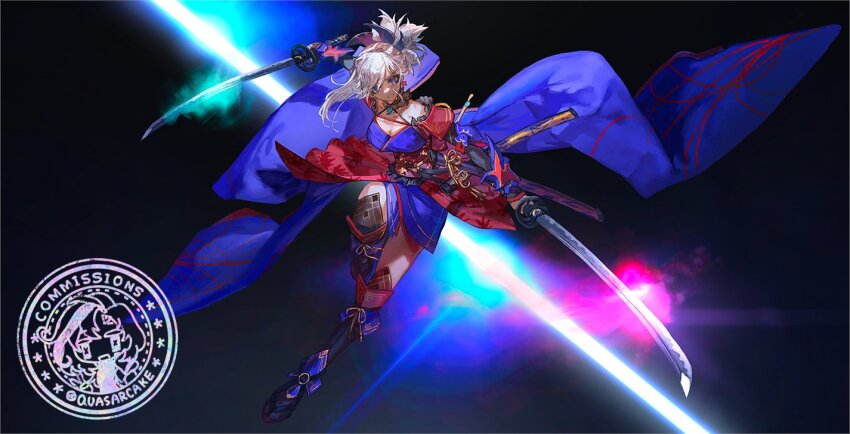 1girl asymmetrical_hair black_background black_sleeves black_thighhighs blue_eyes blue_kimono breasts cleavage commission detached_sleeves dual_wielding fate/grand_order fate_(series) fire hair_ornament holding japanese_clothes katana kimono large_breasts leaf_print miyamoto_musashi_(fate) miyamoto_musashi_(third_ascension)_(fate) obi pink_hair ponytail quasarcake sandals sash shin_guards single_sidelock sleeveless sleeveless_kimono swept_bangs sword thighhighs unsheathed weapon wrist_guards zettai_ryouiki zouri