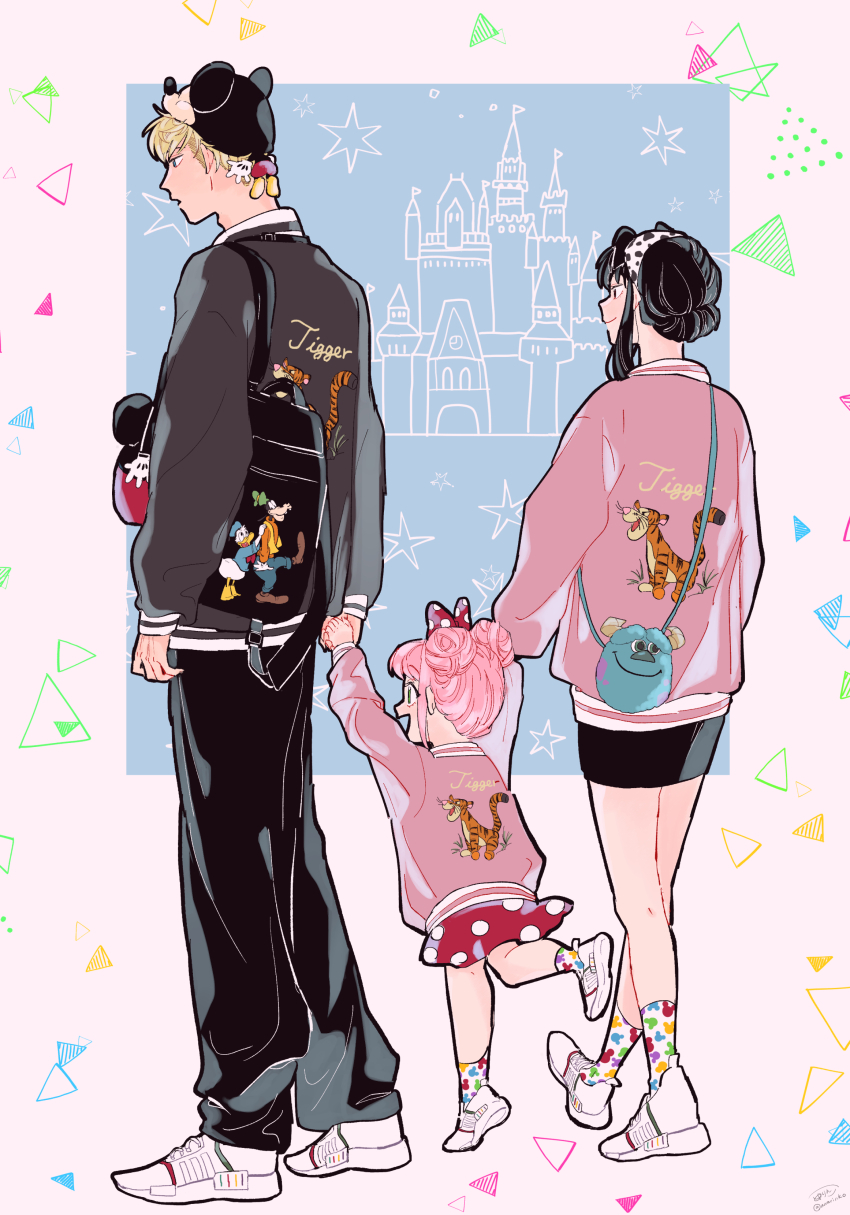 1boy 2girls absurdres animal_print anya_(spy_x_family) arms_at_sides arms_up awarinko backpack bag black_hair black_jacket black_pants black_skirt blonde_hair bow cameo cardigan castle casual character_doll character_name character_print child closed_mouth clothes_writing collared_shirt contemporary disney disneyland donald_duck double_bun family goofy hair_bow hair_bun hair_ornament hairband handbag happy highres holding_hands jacket james_p._sullivan long_hair long_sleeves mickey_mouse mickey_mouse_ears miniskirt minnie_mouse monsters_inc. mouse_hat multiple_girls open_mouth pants pencil_skirt pink_hair pink_jacket polka_dot polka_dot_bow polka_dot_skirt print_socks shirt shoe_soles shoes short_hair sidelocks single_hair_bun skirt smile socks spy_x_family star_(symbol) streetwear themed_object tiger_print tigger triangle twilight_(spy_x_family) updo walking white_shirt white_shoes winnie_the_pooh yor_briar