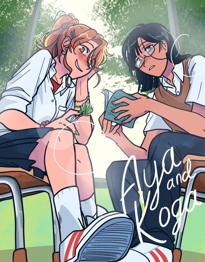 2girls black_eyes black_hair black_pants black_skirt blush book bracelet breast_pocket brown_eyes brown_hair brown_sweater_vest chair character_name collared_shirt commentary cosplay dress_shirt english_commentary from_below glasses green_nails hair_ornament hairclip highres holding holding_book jewelry kininatteru_hito_ga_otoko_ja_nakatta koga_mitsuki looking_at_viewer miyano_yoshikazu miyano_yoshikazu_(cosplay) multiple_girls oosawa_aya pants parted_lips pleated_skirt pocket ponytail red_shirt redjamin sasaki_shuumei sasaki_shuumei_(cosplay) sasaki_to_miyano school_chair semi-rimless_eyewear shirt shirt_under_shirt shoes sitting skirt smile sneakers socks sweater_vest white_shirt white_socks
