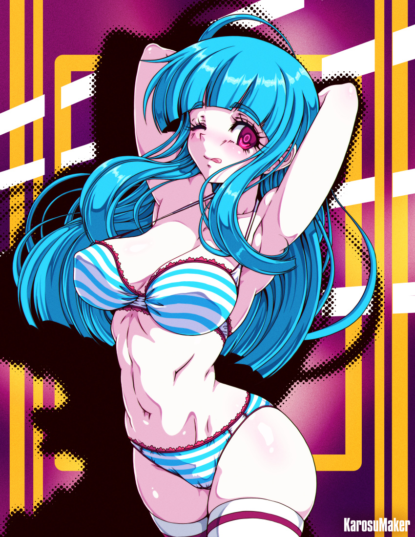 1girl ;q absurdres alternate_color alternate_costume armpits arms_behind_head artist_name blue_bra blue_hair blue_panties blunt_bangs bra breasts commentary commission contemporary cowboy_shot highres hyuuga_hinata karosu_maker large_breasts long_hair looking_at_viewer me!me!me! naruto_(series) navel one_eye_closed paid_reward_available panties purple_background purple_eyes shadow solo standing stomach striped_bra striped_clothes striped_panties thighhighs tongue tongue_out underwear underwear_only white_thighhighs