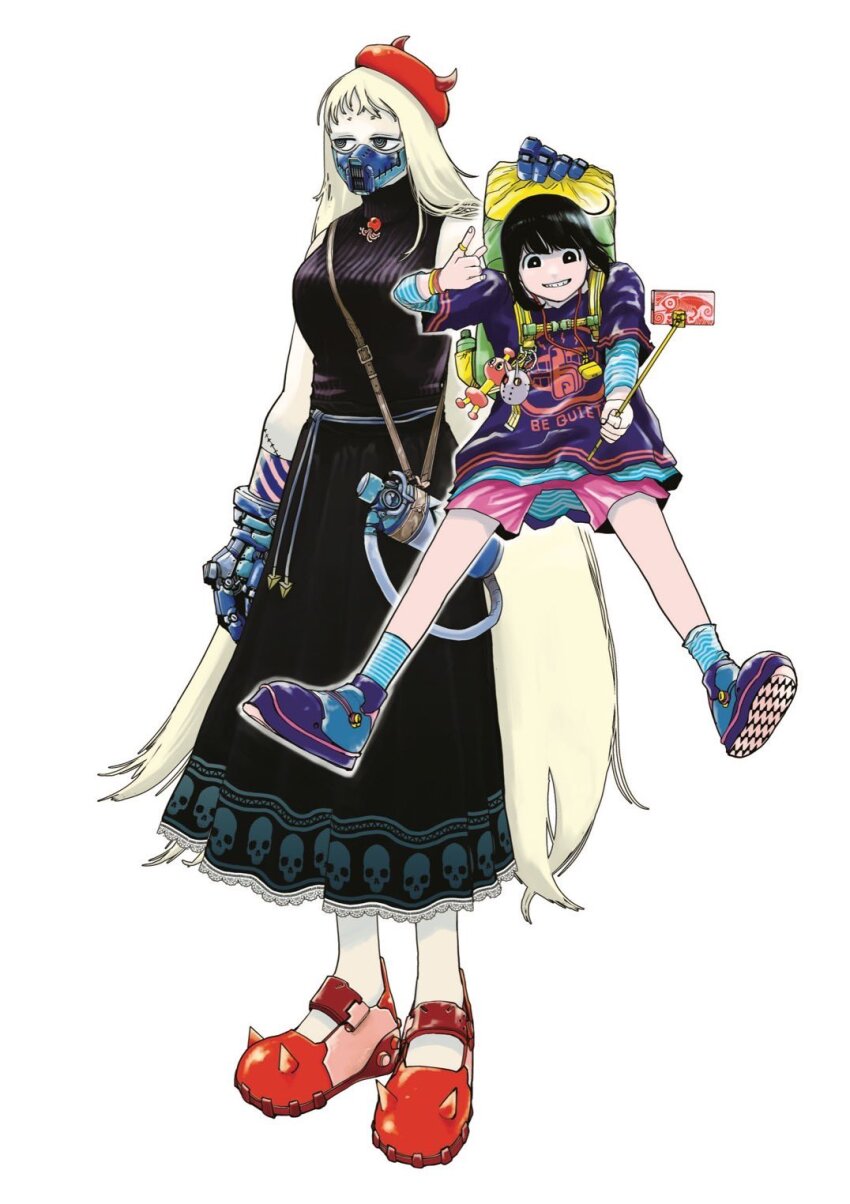 2girls backpack bag black_eyes black_hair black_skirt blonde_hair blue_eyes breasts carrying cellphone commentary_request fake_horns gauntlets grin hat highres horned_headwear horns jewelry large_breasts long_skirt manabu_yashiro mask multiple_girls phone pink_shorts purple_shirt ribbed_shirt ring ringed_eyes selfie_stick sensha_isu:_tank_chair shirt shorts size_difference skirt skull_print sleeveless sleeveless_shirt smartphone smile spiked_footwear stitches tahira_shizuka tall_female touko_(tank_chair)