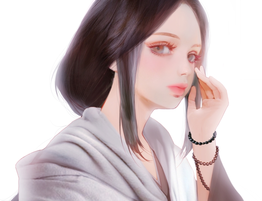 1girl divine_child_of_rejuvenation eyelashes highres japanese_clothes kimono layered_clothes layered_kimono looking_at_viewer realistic sekiro sekiro:_shadows_die_twice simple_background white_background