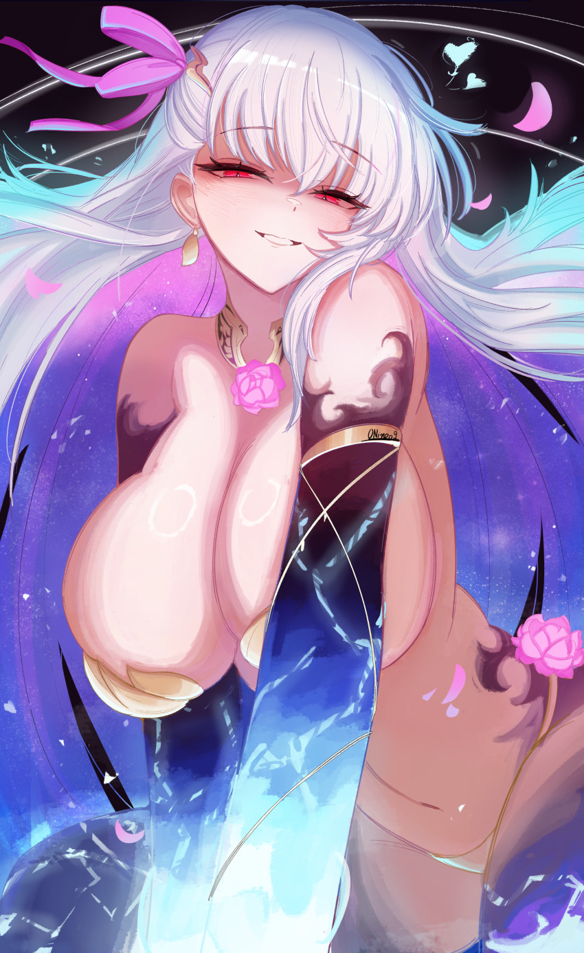 0nineo9 1girl absurdres armlet armor bikini_armor blue_fire blue_hair blue_skin blush breasts cleavage collar colored_inner_hair colored_skin earrings fate/grand_order fate_(series) fire flower gradient_skin grin hair_ribbon highres jewelry kama_(fate) kama_(third_ascension)_(fate) large_breasts long_hair looking_at_viewer lotus metal_collar multicolored_hair navel petals red_eyes ribbon shaded_face smile solo two-tone_hair white_hair