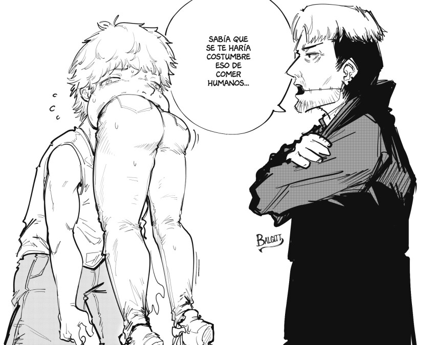 1girl 2boys ass ass_shake chainsaw_man coat crossed_arms denji_(chainsaw_man) flying_sweatdrops greyscale highres kishibe_(chainsaw_man) monochrome multiple_boys ryona short_hair spanish_text speech_bubble stitched_mouth stitches struggling stuck sweat tank_top translation_request victorbalgitt vore yoru_(chainsaw_man)