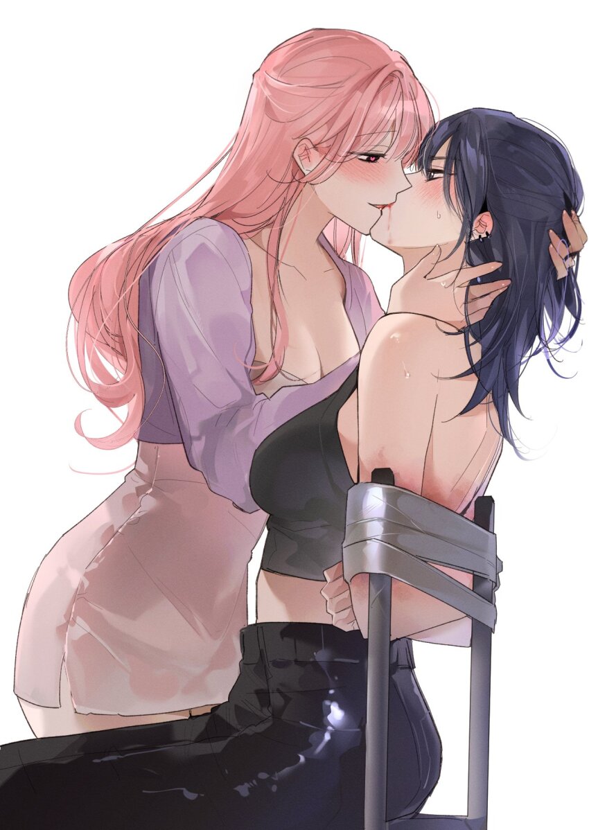 2girls arms_behind_back backless_outfit bdsm black_pants black_tank_top blush bondage bound breasts bruise cleavage commentary crop_top dress duct_tape ear_piercing fresa_pie hand_in_another&#039;s_hair heart heart-shaped_pupils highres injury jacket kiss long_hair medium_breasts multiple_girls original pants piercing pink_dress pink_hair pink_pupils purple_hair purple_jacket simple_background sweat symbol-only_commentary symbol-shaped_pupils tank_top white_background yuri