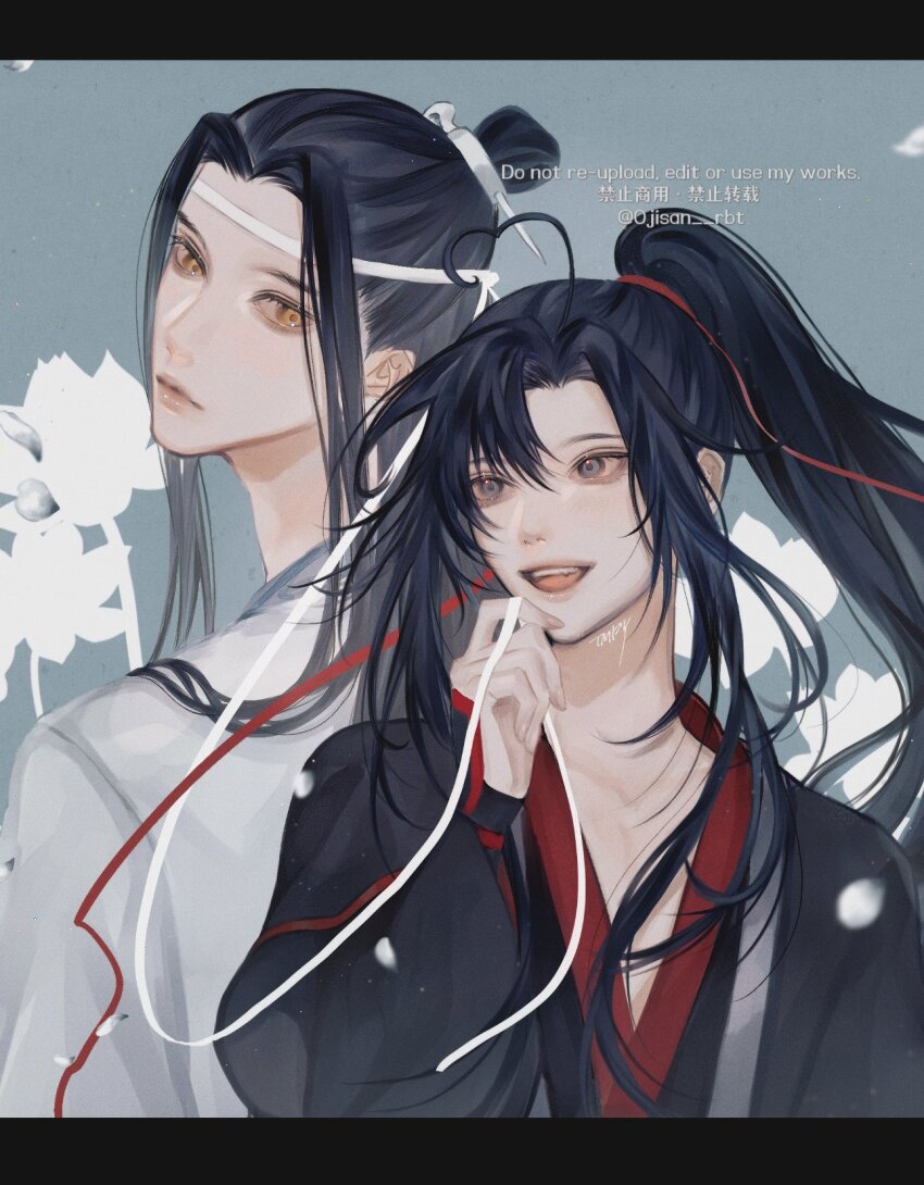 2boys ahoge back-to-back bishounen black_hair black_hanfu chinese_clothes closed_mouth collarbone couple falling_petals fang flower grey_eyes hair_ribbon hand_up hanfu headband heart heart_ahoge high_ponytail highres holding holding_ribbon lan_wangji letterboxed long_hair long_sleeves looking_at_another male_focus modao_zushi multiple_boys ojisan_rbt open_mouth parted_bangs petals ponytail red_ribbon ribbon robe sidelocks sleeves_past_wrists smile topknot twitter_username upper_body watermark wei_wuxian white_flower white_hanfu white_headband white_ribbon wide_sleeves xiao_guan_(headdress) yaoi yellow_eyes