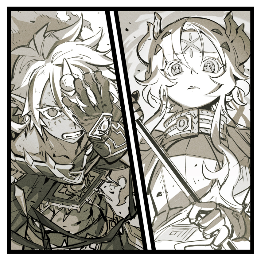 1boy 1girl albaz_(yu-gi-oh!) collarbone covering_one_eye dogmatika_ecclesia_the_virtuous duel_monster ecclesia_(yu-gi-oh!) facial_mark fallen_of_albaz forehead_mark gloves greyscale horns monochrome official_art short_hair yu-gi-oh!