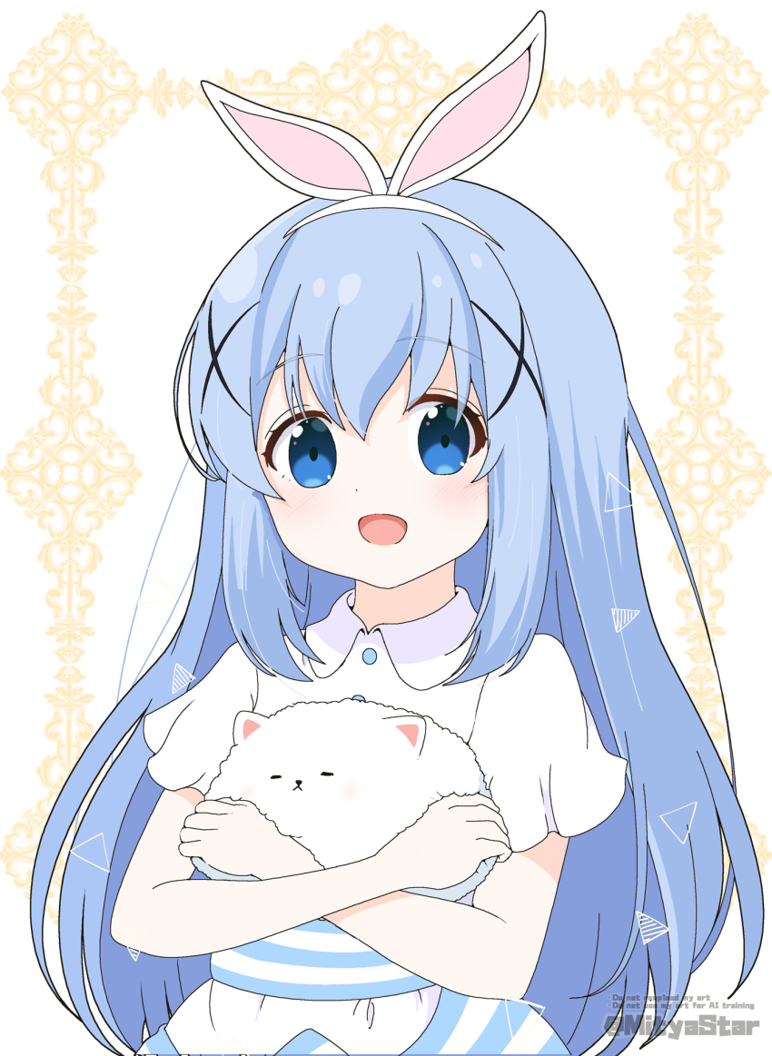 1girl :d angora_rabbit animal animal_ears animal_hug blue_eyes blue_hair collared_shirt commentary_request english_text fake_animal_ears gochuumon_wa_usagi_desu_ka? hair_between_eyes hair_ornament hairband highres kafuu_chino long_hair looking_at_viewer mitya open_mouth rabbit rabbit_ears shirt short_sleeves skirt smile striped_clothes striped_skirt tippy_(gochiusa) twitter_username very_long_hair watermark white_background white_hairband white_shirt x_hair_ornament