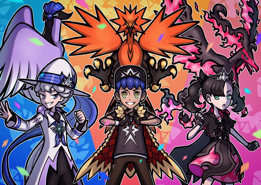 1girl 2boys absurdres baseball_cap bede_(champion)_(pokemon) bede_(pokemon) black_dress black_hair blue_eyes cape clenched_hand confetti dress fingerless_gloves fire fur-trimmed_cape fur_trim galarian_articuno galarian_form galarian_moltres galarian_zapdos gen_8_pokemon gloves hat highres hop_(champion)_(pokemon) hop_(pokemon) legendary_pokemon looking_at_viewer marnie_(champion)_(pokemon) marnie_(pokemon) mimimicabip multiple_boys nintendo official_alternate_hairstyle pokemon pokemon_(creature) pokemon_masters_ex purple_hair smile sparkle tiara wings witch_hat yellow_eyes
