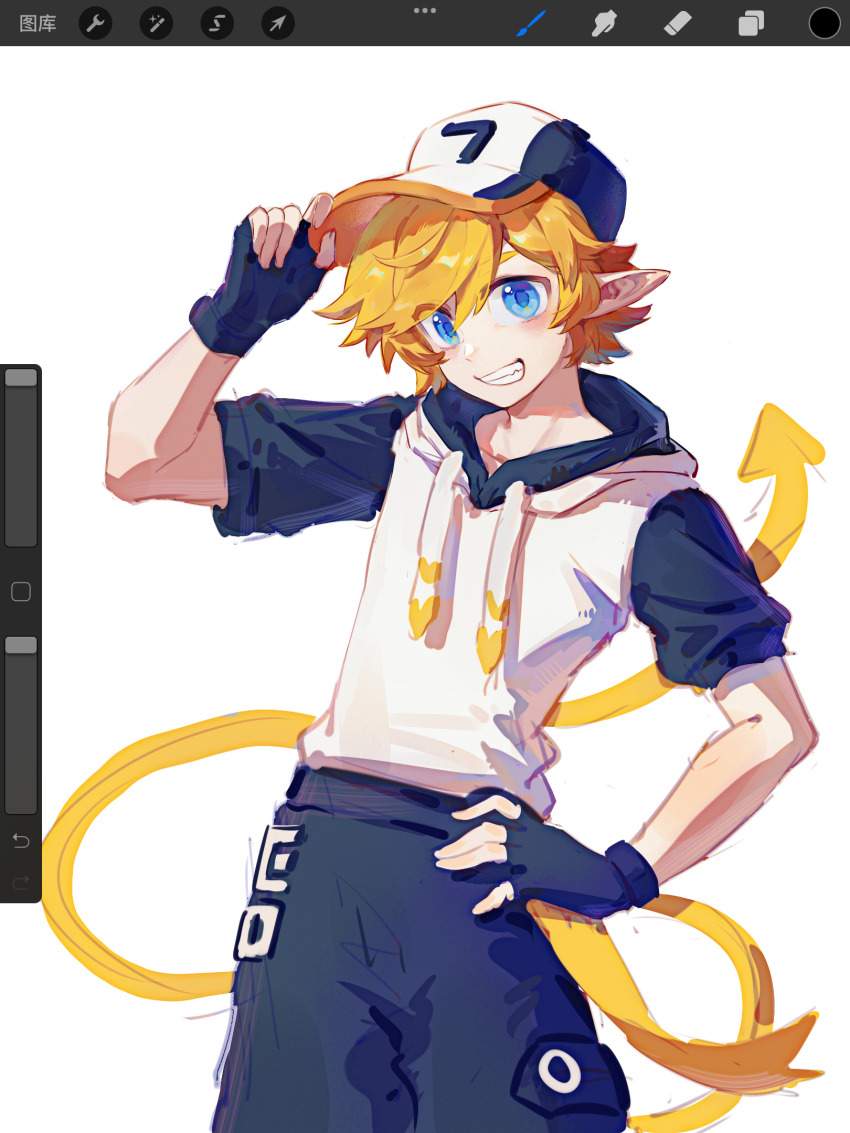1boy adjusting_clothes adjusting_headwear aotu_world arrow_(symbol) art_tools_in_frame baseball_cap black_gloves black_hat black_shorts blonde_hair blue_eyes chinese_commentary drawstring fingerless_gloves gloves grin hand_on_own_hip hand_up hat highres hood hood_down hoodie king_(aotu_world) looking_at_viewer male_focus multicolored_hat multicolored_hoodie pointy_ears shenyinzhilang short_hair short_sleeves shorts simple_background smile solo white_background white_hat white_hoodie