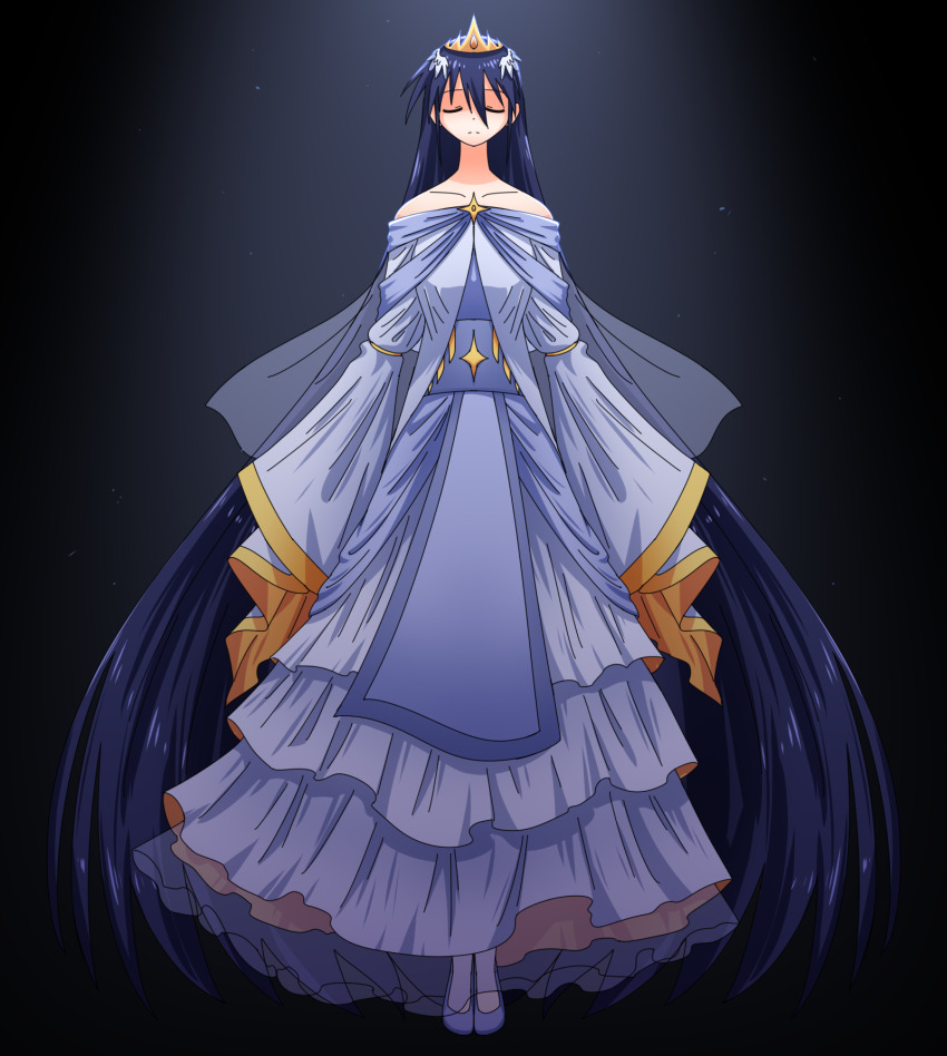 1girl alternate_costume azumanga_daiou black_background black_hair blue_dress closed_eyes commentary crown dress english_commentary facing_viewer farhan_melukis full_body gradient_background highres long_dress long_hair sakaki_(azumanga_daioh) solo very_long_hair