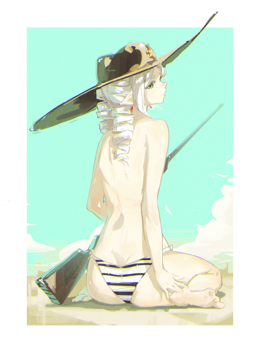 1girl absurdres border butt_crack commentary dudrinm earrings elf english_commentary frieren from_behind green_eyes gun hat highres holding holding_gun holding_weapon jewelry long_hair panties pointy_ears solo sousou_no_frieren striped_clothes striped_panties topless_female underwear weapon white_border white_hair