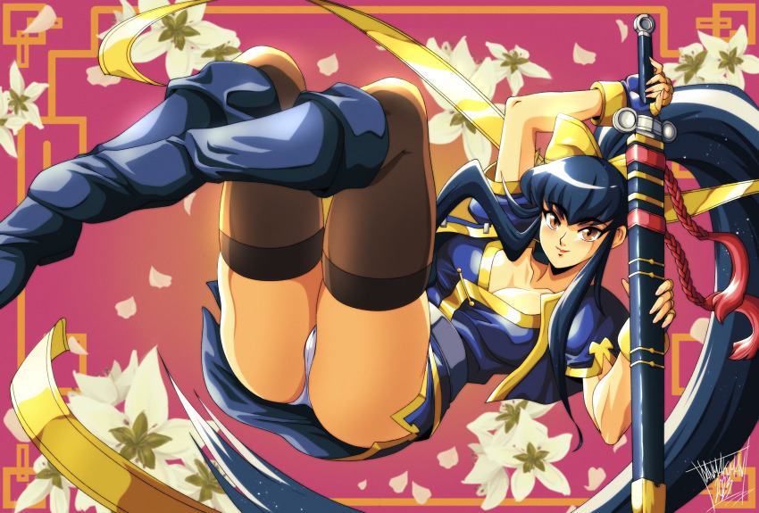 1girl ass black_hair blue_dress boots breasts brown_eyes chinese_commentary cleavage collarbone danmakuman dress floral_background highres holding holding_sword holding_weapon kaiser_knuckle lihua_(kaiser_knuckle) long_sidelocks long_sleeves medium_breasts panties ponytail ribbon sash short_sleeves side_ponytail sidelocks smile sword tassel thighhighs underwear weapon white_panties yellow_ribbon yellow_trim