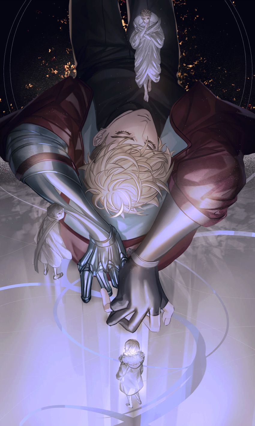 2boys absurdres barefoot black_pants blonde_hair brothers coat fingernails giant highres hood hood_down hooded_robe light_particles long_sleeves lying male_focus millions_knives mole mole_under_eye multiple_boys multiple_views on_back pants prosthesis prosthetic_arm red_coat robe siblings trigun trigun_stampede vash_the_stampede walking yakikesen