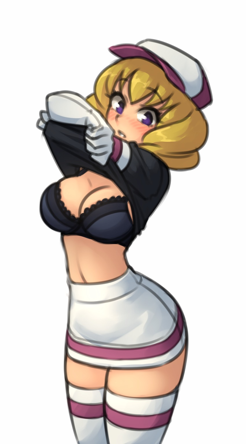 1girl absurdres black_bra black_shirt blonde_hair blurry blush bra breasts clothes_lift cowboy_shot domino_(pokemon) female_focus gloves hat highres large_breasts looking_at_viewer miniskirt monorus nintendo pokemon pokemon_(anime) purple_eyes shirt shirt_lift simple_background skirt solo striped_clothes striped_thighhighs thighhighs underwear undressing white_background white_gloves zettai_ryouiki