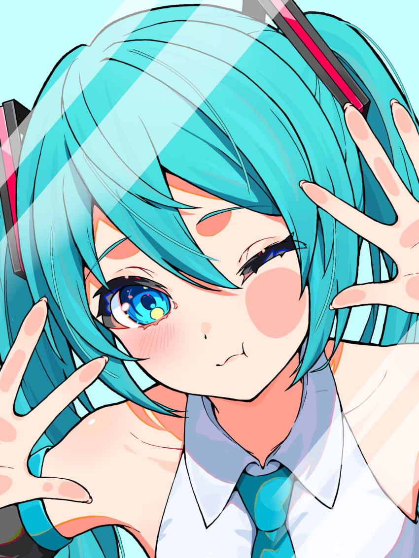 1girl :s :t against_glass aqua_eyes aqua_hair aqua_necktie bare_shoulders black_sleeves blush collarbone collared_shirt commentary_request detached_sleeves double-parted_bangs fingernails hatsune_miku hatsune_miku_(vocaloid3) highres long_hair looking_at_viewer necktie one_eye_closed portrait shirt solo twintails uzuki_sena vocaloid white_shirt